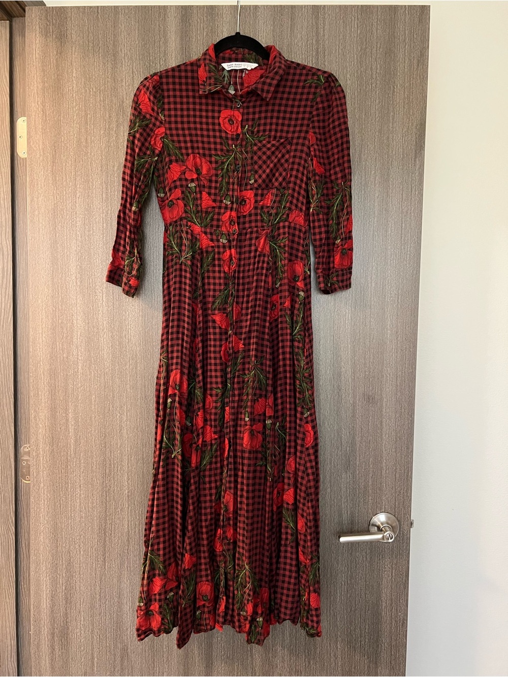 Zara Red and Black Plaid Floral Maxi Dress